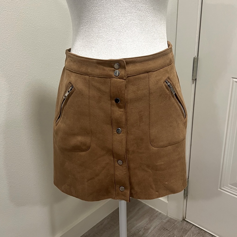 HYFVE Tan Snap-Front Faux Suede Skirt